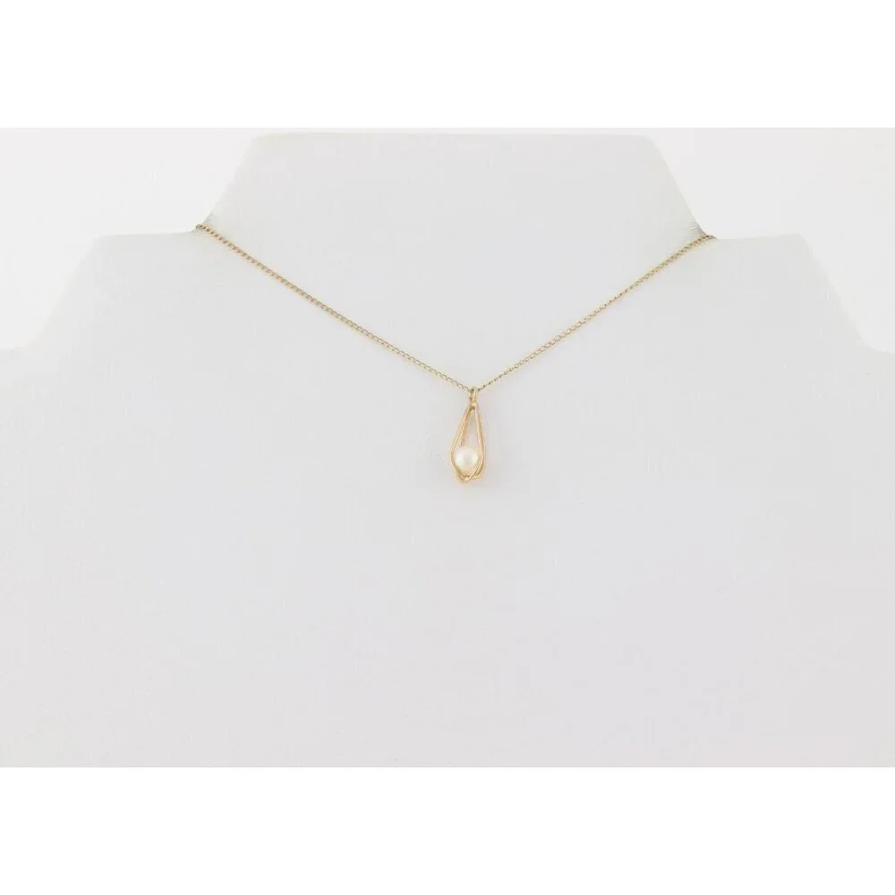 14k Yellow Gold Freshwater Pearl Necklace 15" Chain Petite Woman Teen Child - Picture 8 of 8